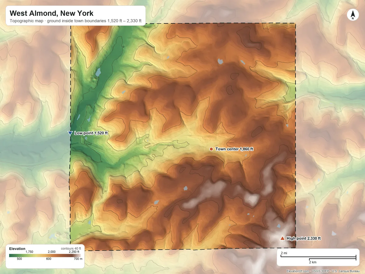 Topographic elevation map of West Almond, New York, shaded from 1,520 ft on the west side to 2,330 ft on the southeast side