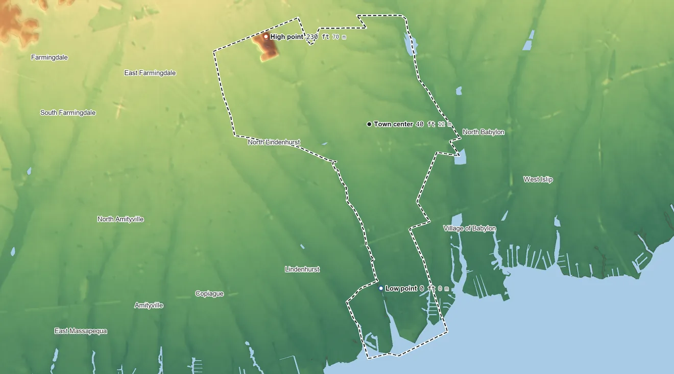 Topographic elevation map of West Babylon, New York, shaded from sea level level on Great South Bay to 230 ft on the northwest side