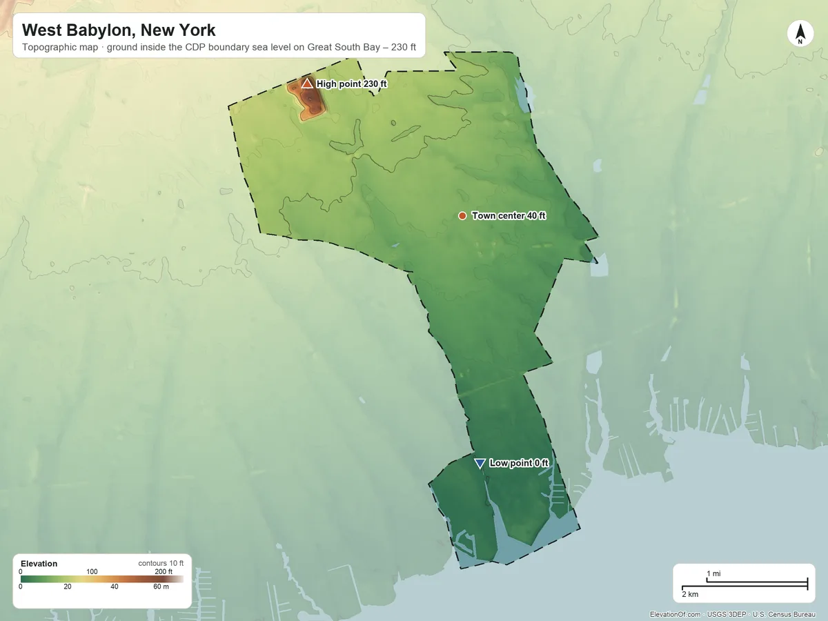 Topographic elevation map of West Babylon, New York, shaded from sea level level on Great South Bay to 230 ft on the northwest side