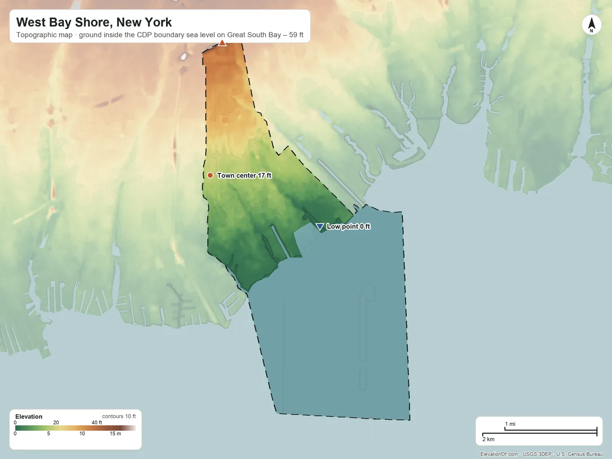 Topographic elevation map of West Bay Shore, New York, shaded from sea level level on Great South Bay to 59 ft on the north side
