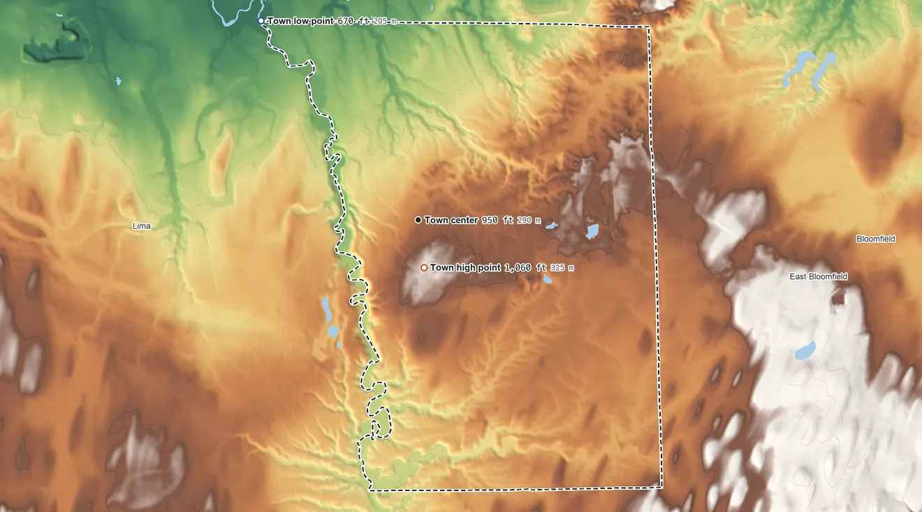 Topographic elevation map of West Bloomfield, New York, shaded from 670 ft on the northwest side to 1,060 ft near the middle