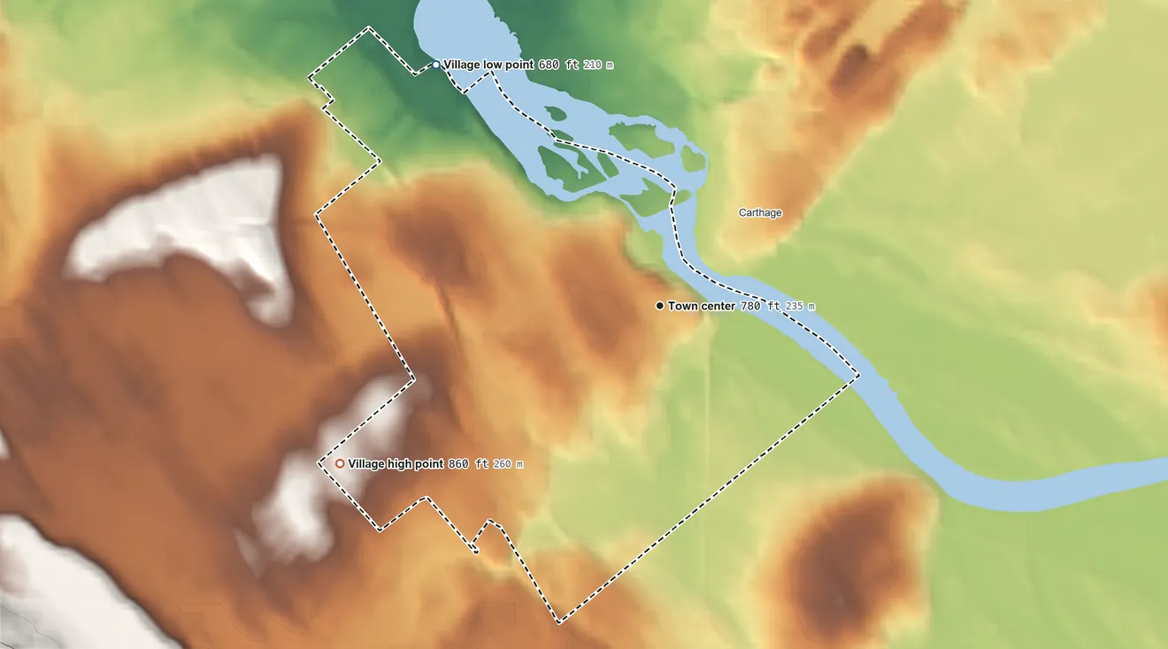 Topographic elevation map of West Carthage, New York, shaded from 680 ft on the northwest side to 860 ft on the southwest side