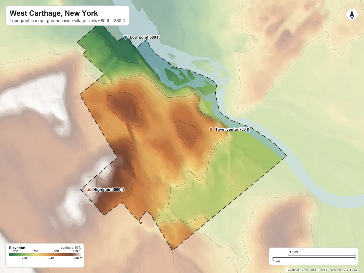 Topographic elevation map of West Carthage, New York, shaded from 680 ft on the northwest side to 860 ft on the southwest side