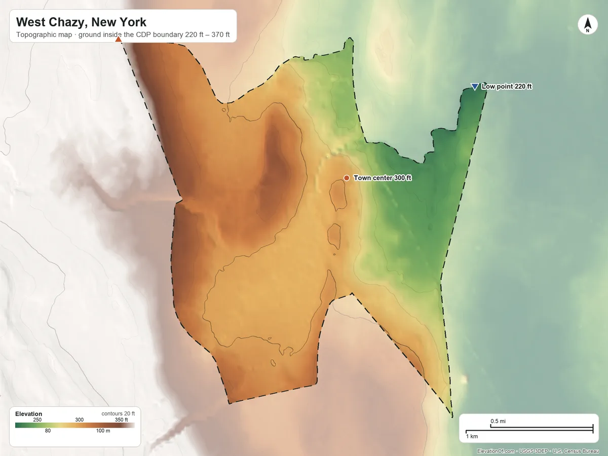 Topographic elevation map of West Chazy, New York, shaded from 220 ft on the northeast side to 370 ft on the northwest side
