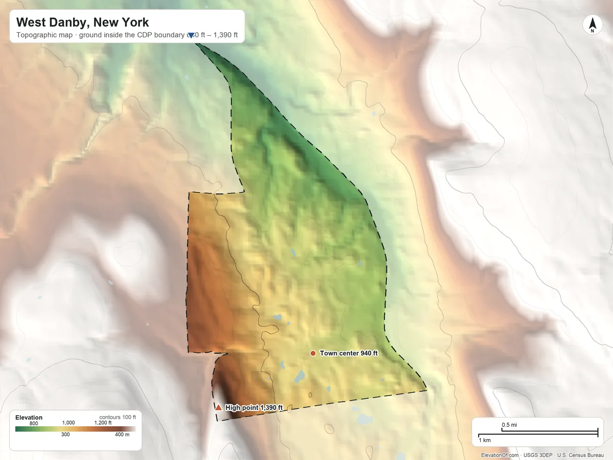 Topographic elevation map of West Danby, New York, shaded from 690 ft on the north side to 1,390 ft on the southwest edge, below higher ground just outside