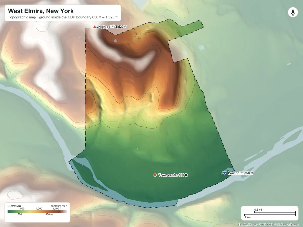 Topographic elevation map of West Elmira, New York, shaded from 850 ft on the east side to 1,520 ft on the north side