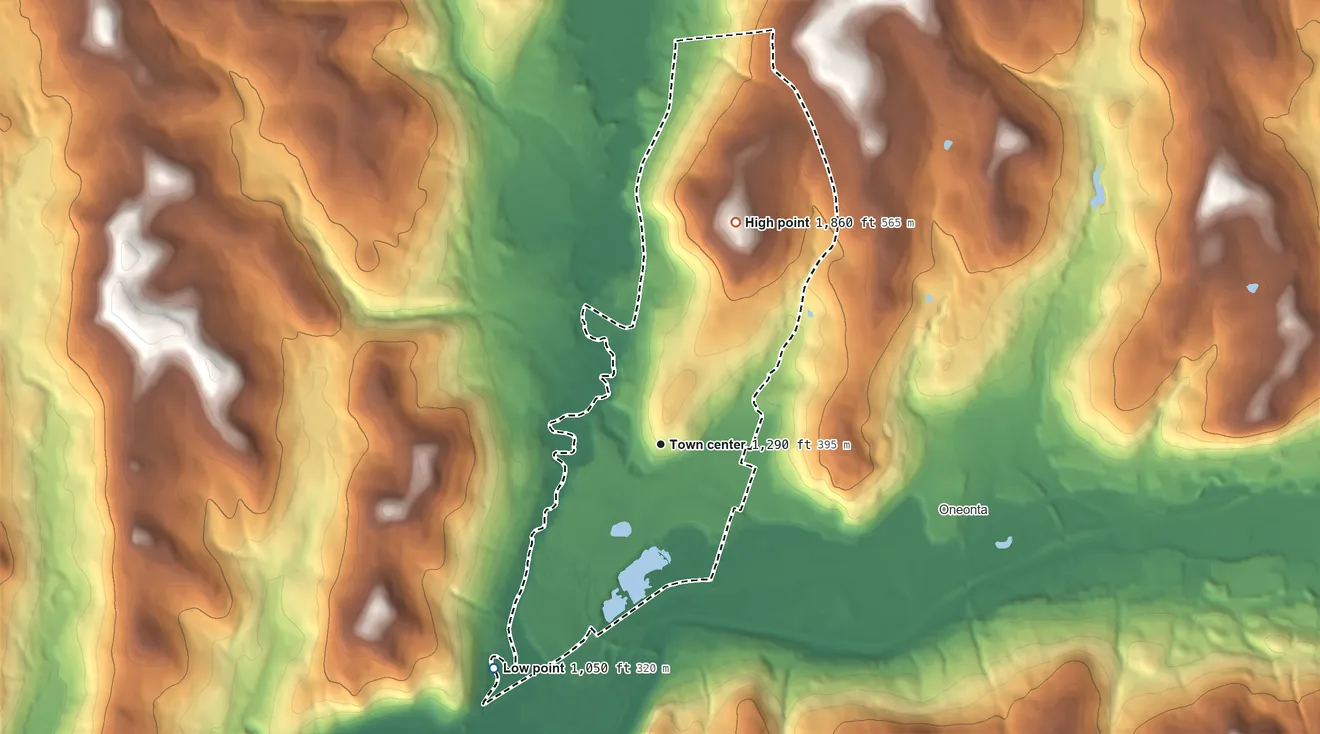 Topographic elevation map of West End, New York, shaded from 1,050 ft on the southwest side to 1,860 ft on the north side