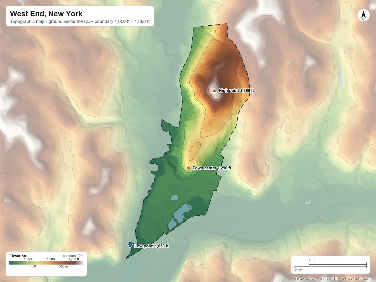 Topographic elevation map of West End, New York, shaded from 1,050 ft on the southwest side to 1,860 ft on the north side