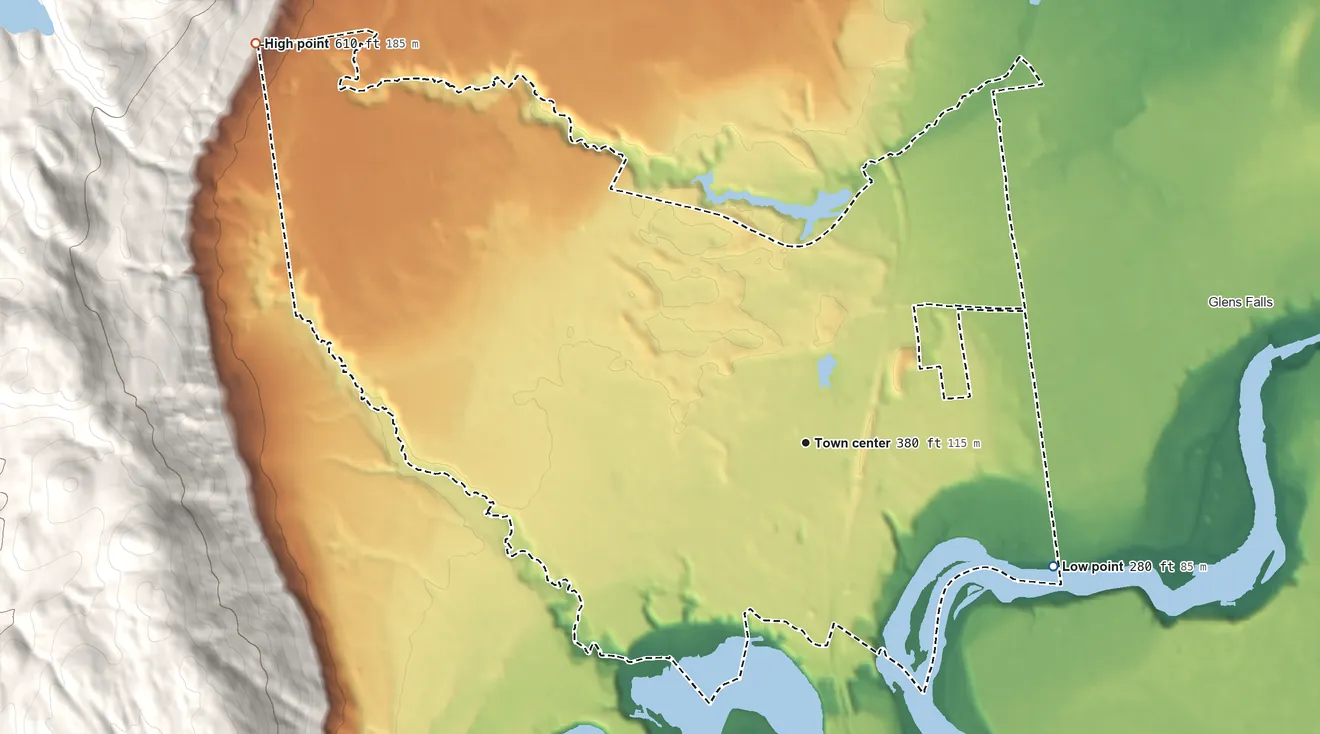 Topographic elevation map of West Glens Falls, New York, shaded from 280 ft on the southeast side to 610 ft at the foot of the Luzerne Mountains