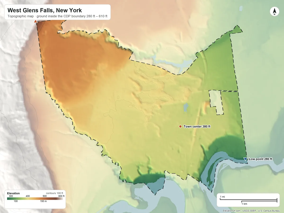 Topographic elevation map of West Glens Falls, New York, shaded from 280 ft on the southeast side to 610 ft at the foot of the Luzerne Mountains
