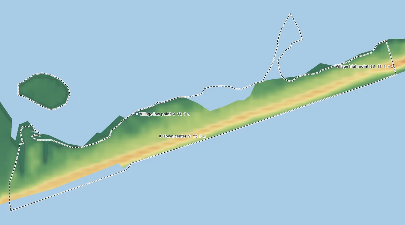 Topographic elevation map of West Hampton Dunes, New York, shaded from sea level level on Moriches Bay to 18 ft on the east side