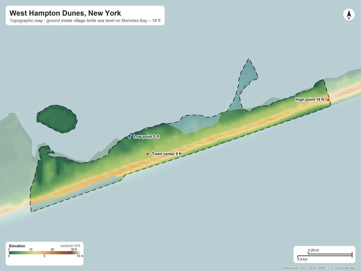 Topographic elevation map of West Hampton Dunes, New York, shaded from sea level level on Moriches Bay to 18 ft on the east side
