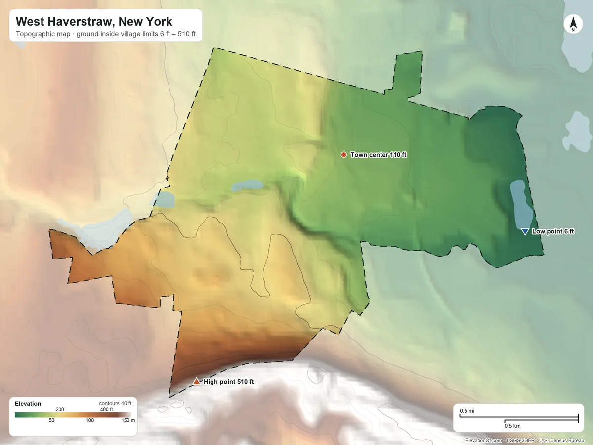 Topographic elevation map of West Haverstraw, New York, shaded from 6 ft on the southeast side to 510 ft on the southwest side