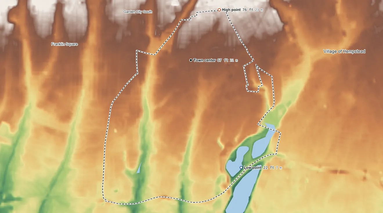 Topographic elevation map of West Hempstead, New York, shaded from 22 ft on the southeast side to 76 ft on the northeast side