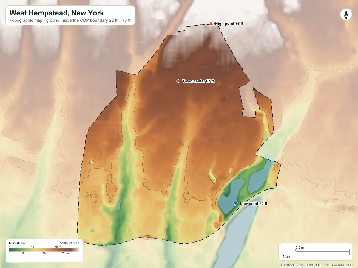 Topographic elevation map of West Hempstead, New York, shaded from 22 ft on the southeast side to 76 ft on the northeast side