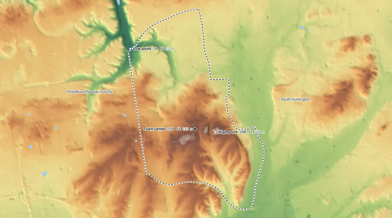 Topographic elevation map of West Hills, New York, shaded from 76 ft on the northwest side to 390 ft on High Hill