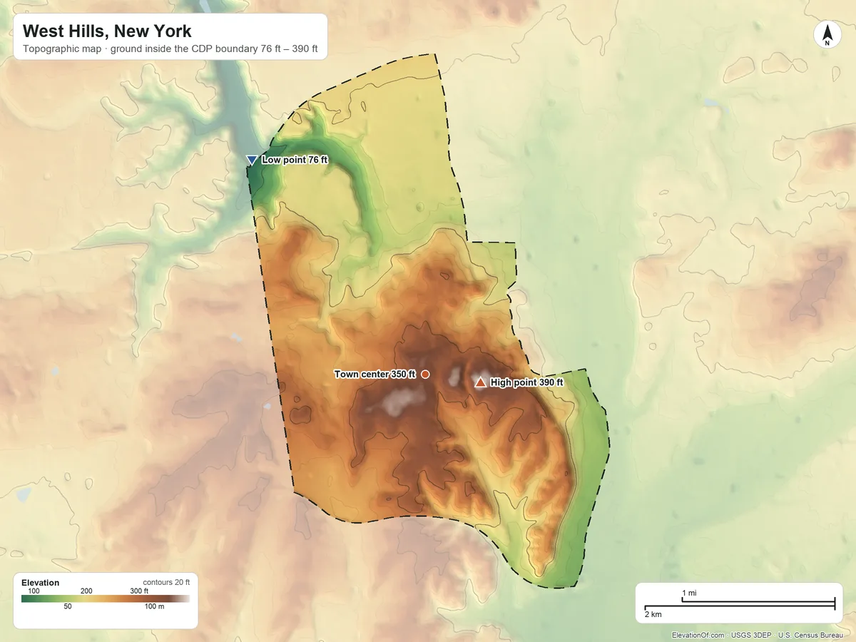 Topographic elevation map of West Hills, New York, shaded from 76 ft on the northwest side to 390 ft on High Hill