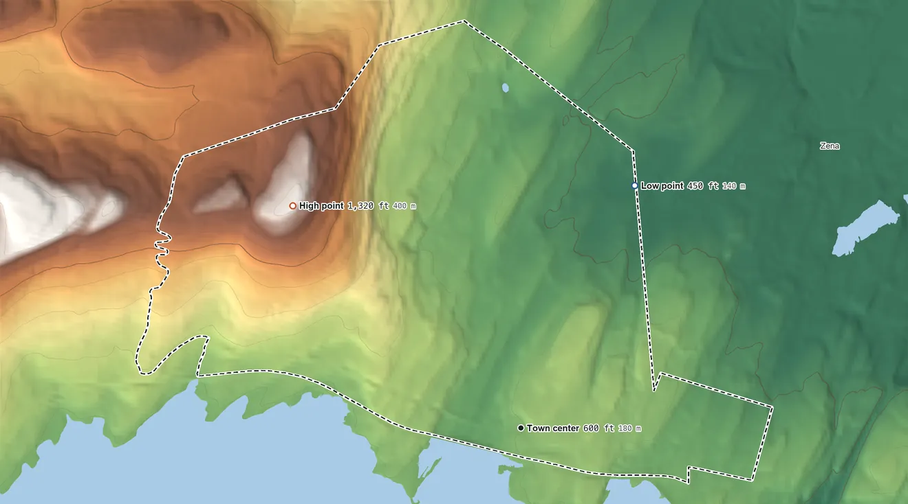 Topographic elevation map of West Hurley, New York, shaded from 450 ft on the northeast side to 1,320 ft on the northwest side