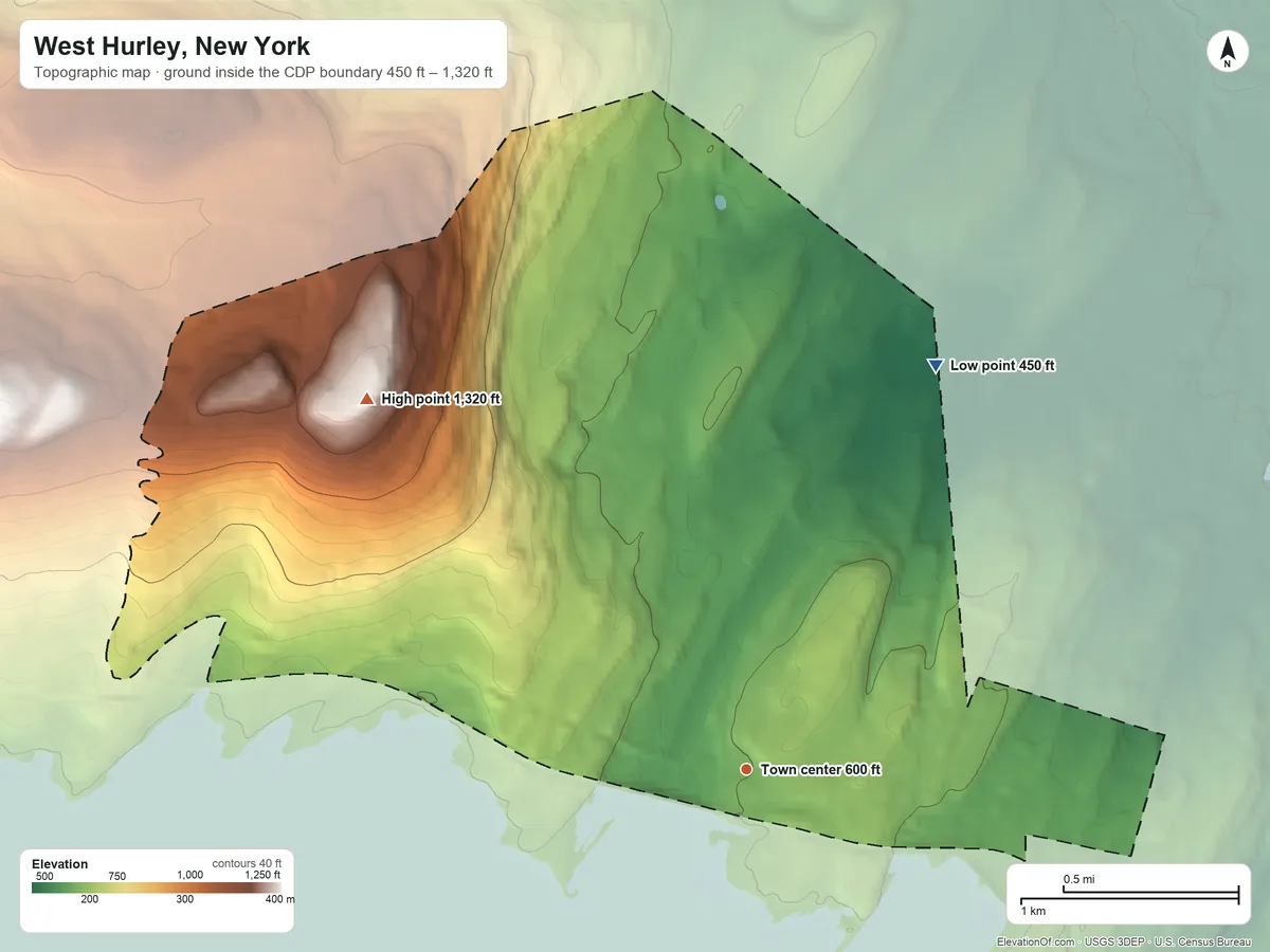 Topographic elevation map of West Hurley, New York, shaded from 450 ft on the northeast side to 1,320 ft on the northwest side