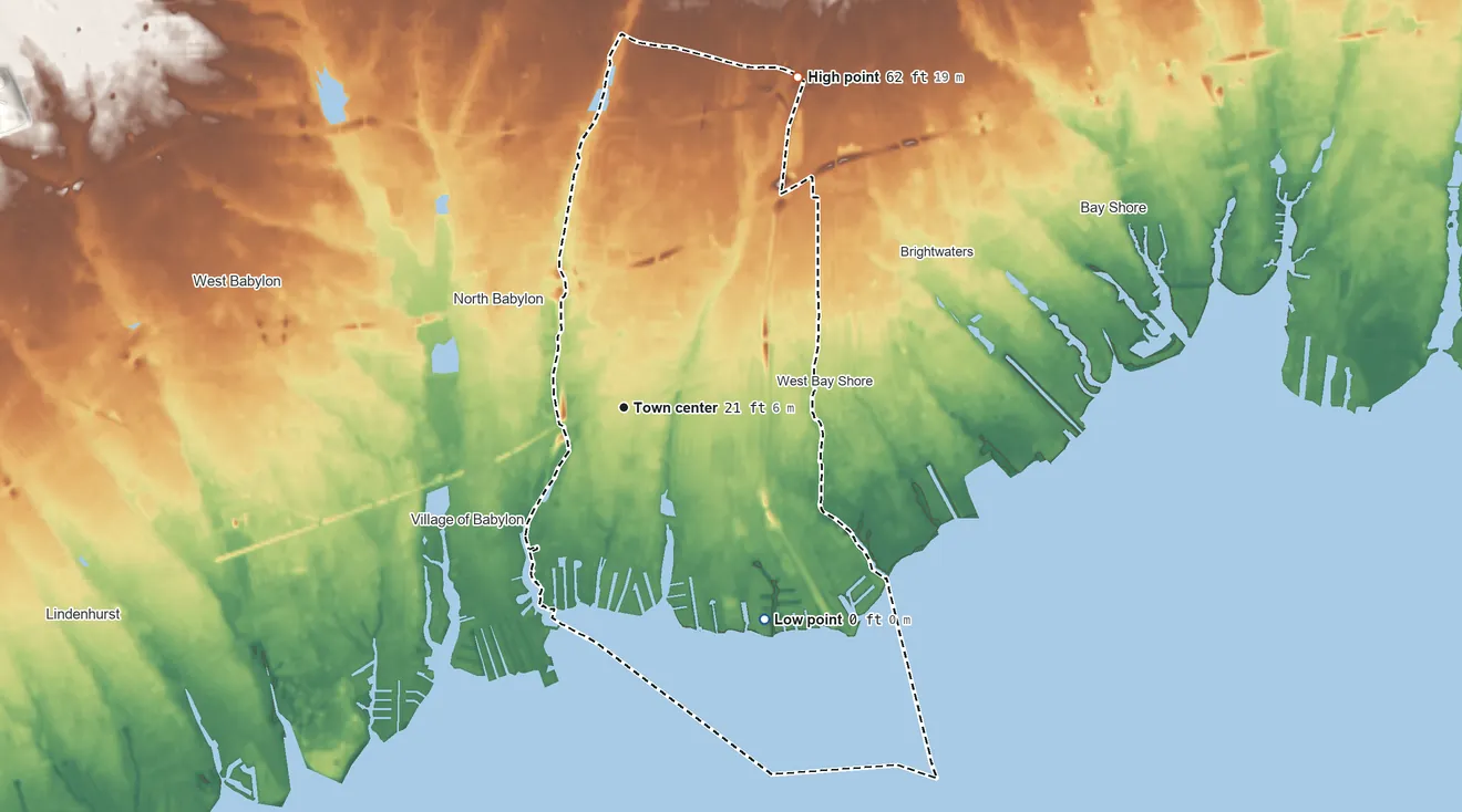 Topographic elevation map of West Islip, New York, shaded from sea level level on Great South Bay to 62 ft on the northeast side
