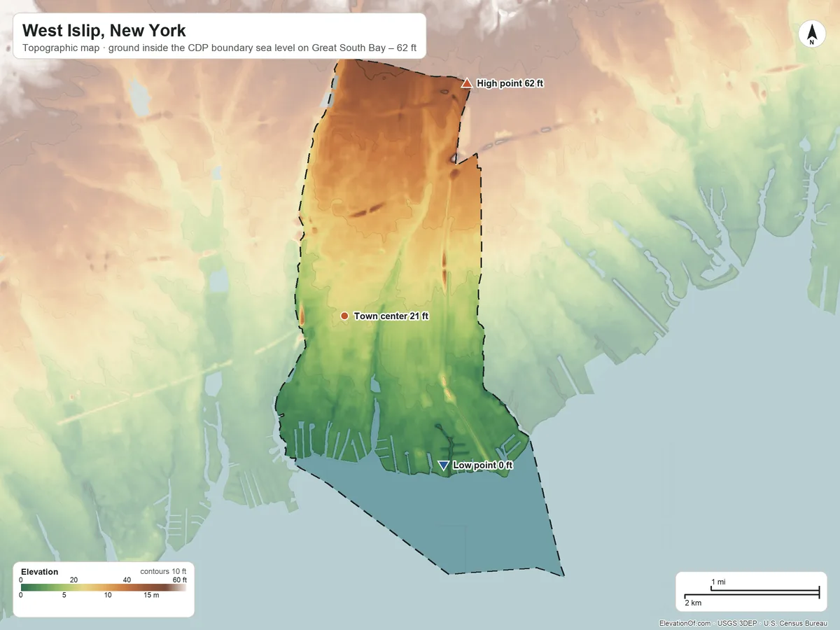 Topographic elevation map of West Islip, New York, shaded from sea level level on Great South Bay to 62 ft on the northeast side