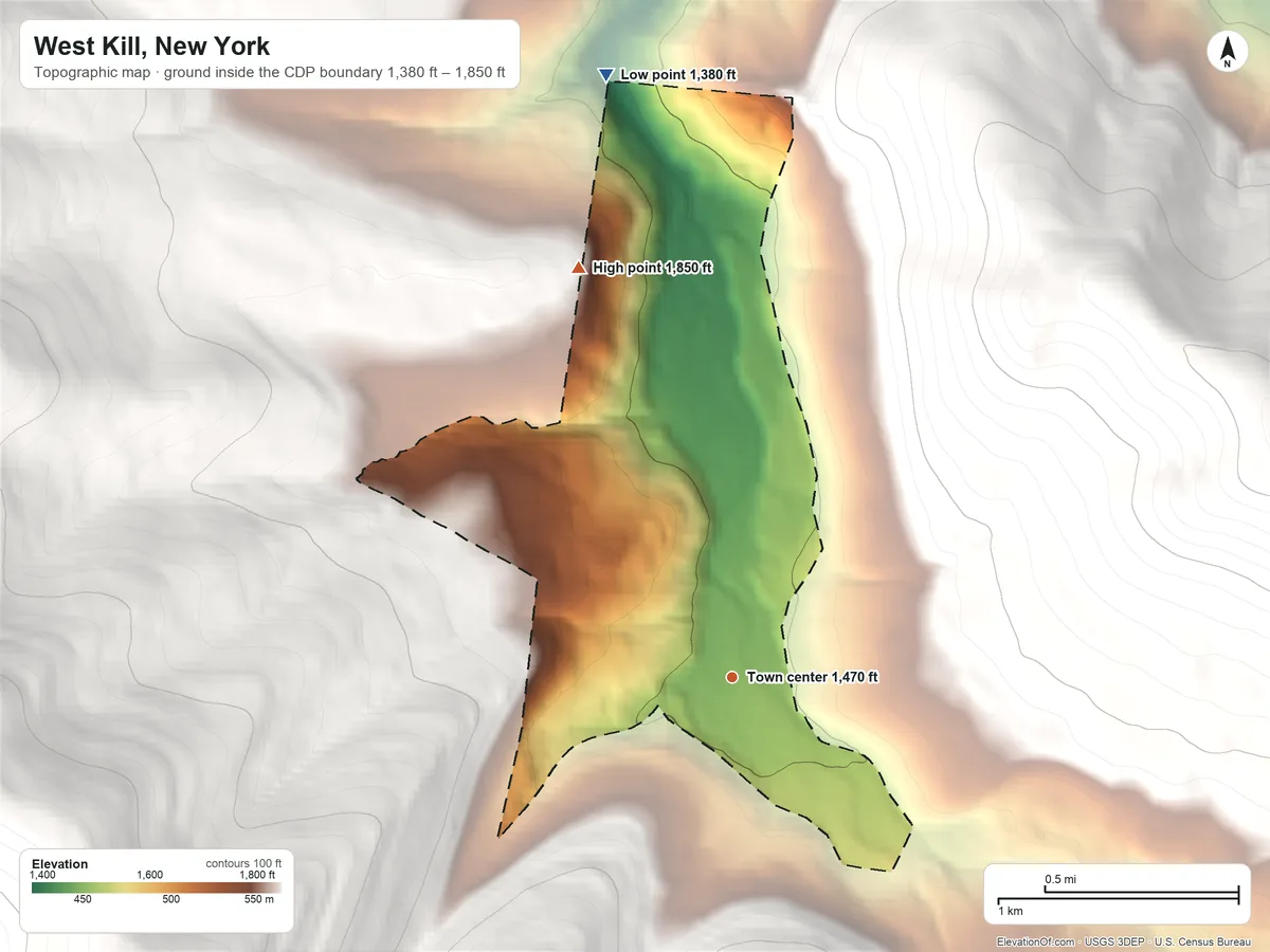 Topographic elevation map of West Kill, New York, shaded from 1,380 ft on the north side to 1,850 ft at the foot of the Catskill Mountains