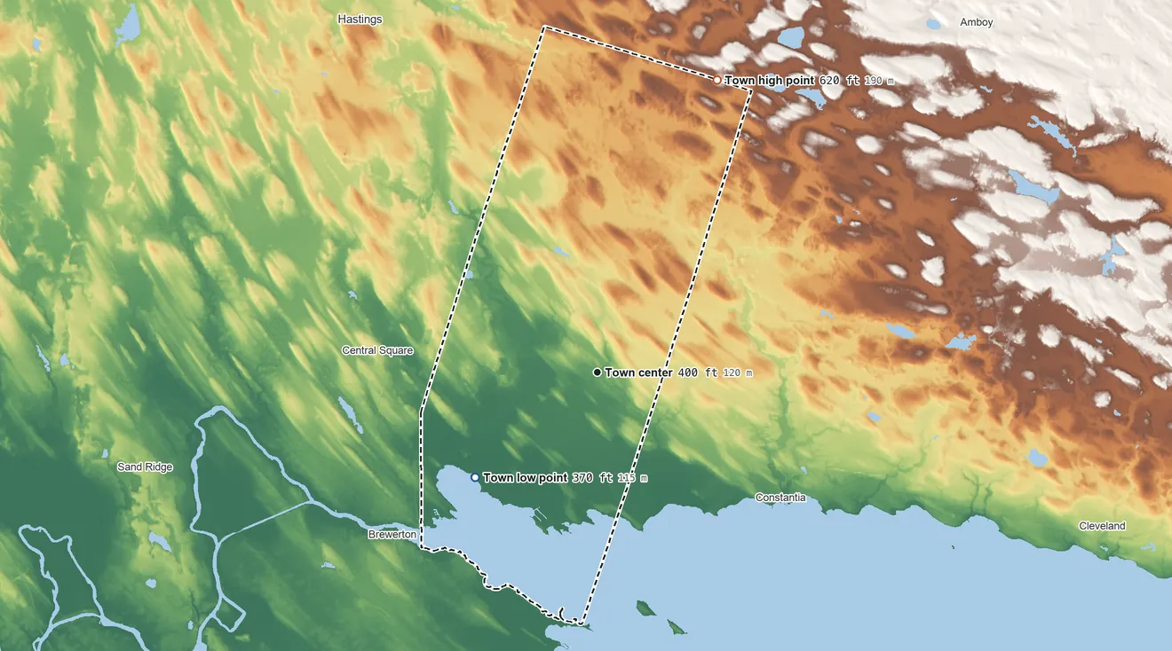 Topographic elevation map of West Monroe, New York, shaded from 370 ft on the southwest side to 620 ft on the north side