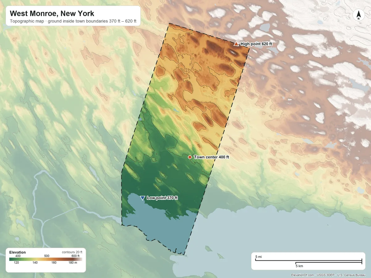 Topographic elevation map of West Monroe, New York, shaded from 370 ft on the southwest side to 620 ft on the north side