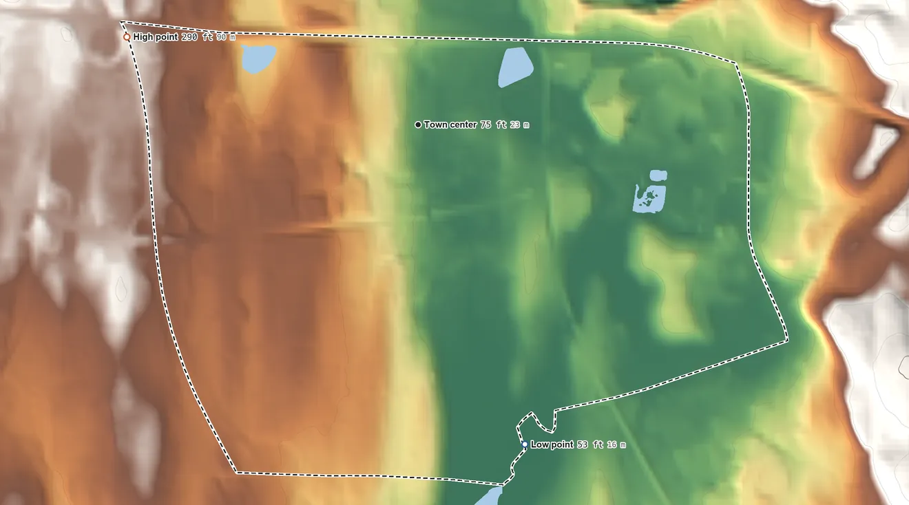 Topographic elevation map of West Nyack, New York, shaded from 53 ft on the south side to 290 ft on the west side