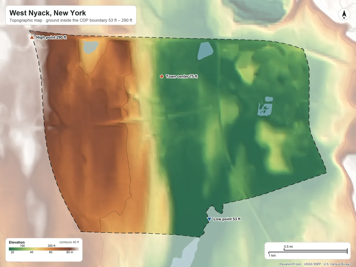 Topographic elevation map of West Nyack, New York, shaded from 53 ft on the south side to 290 ft on the west side