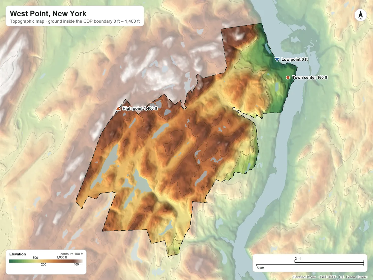 Topographic elevation map of West Point, New York, shaded from 0 ft near the middle to 1,400 ft on Mount Rascal