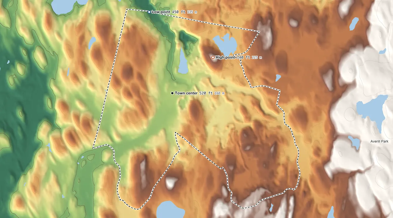 Topographic elevation map of West Sand Lake, New York, shaded from 450 ft on the north side to 740 ft on the northeast side