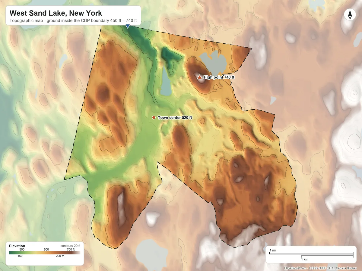 Topographic elevation map of West Sand Lake, New York, shaded from 450 ft on the north side to 740 ft on the northeast side