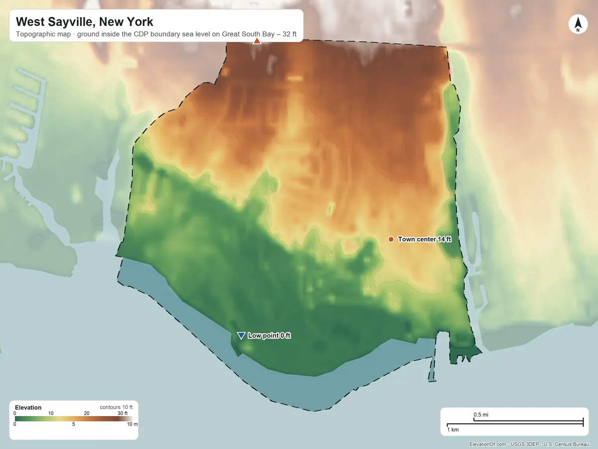 Topographic elevation map of West Sayville, New York, shaded from sea level level on Great South Bay to 32 ft on the northwest side