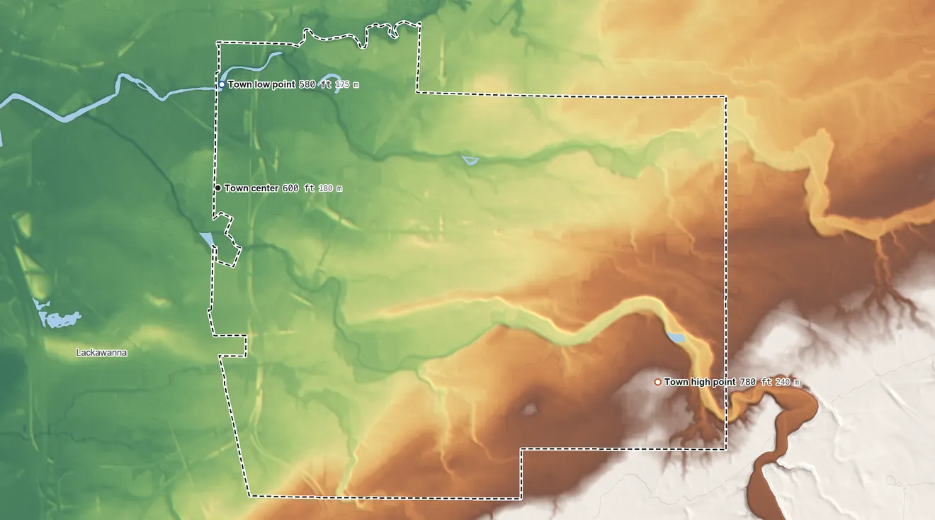 Topographic elevation map of West Seneca, New York, shaded from 580 ft on the north side to 780 ft on the southeast side
