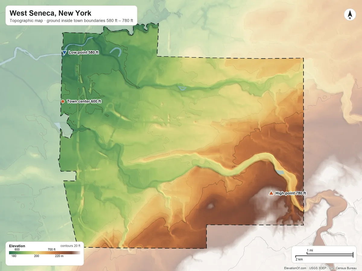 Topographic elevation map of West Seneca, New York, shaded from 580 ft on the north side to 780 ft on the southeast side