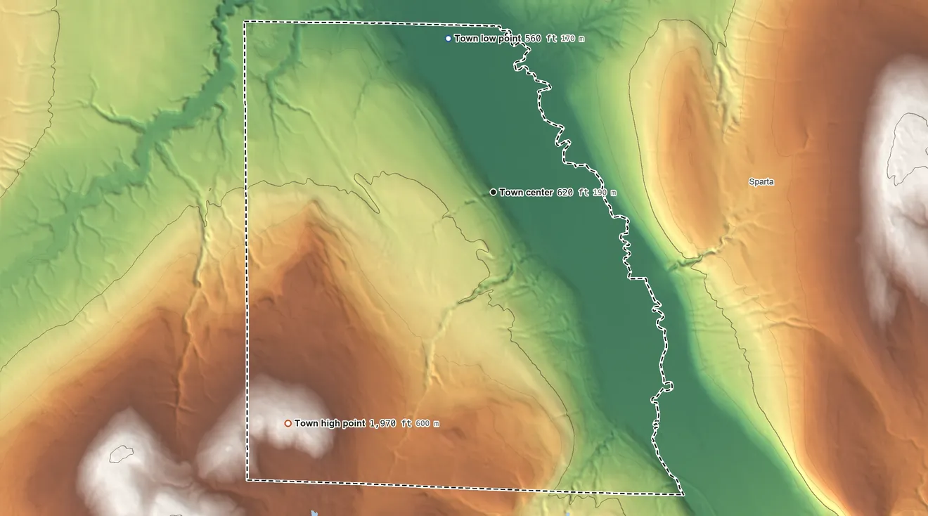 Topographic elevation map of West Sparta, New York, shaded from 560 ft on the north side to 1,970 ft on the southwest side