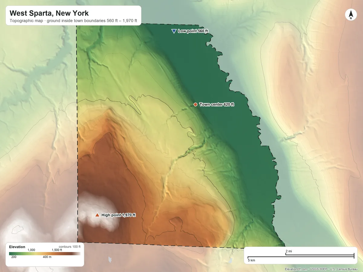 Topographic elevation map of West Sparta, New York, shaded from 560 ft on the north side to 1,970 ft on the southwest side
