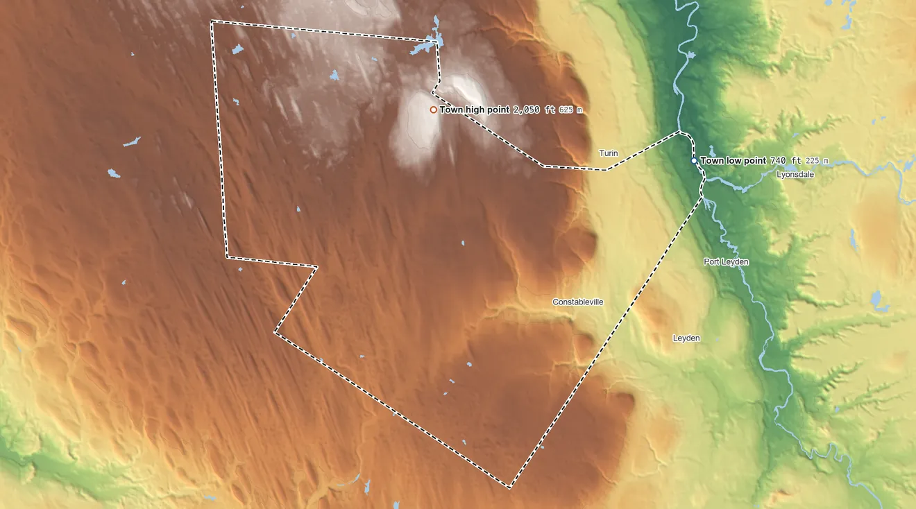 Topographic elevation map of West Turin, New York, shaded from 740 ft on the northeast side to 2,050 ft on the northwest side
