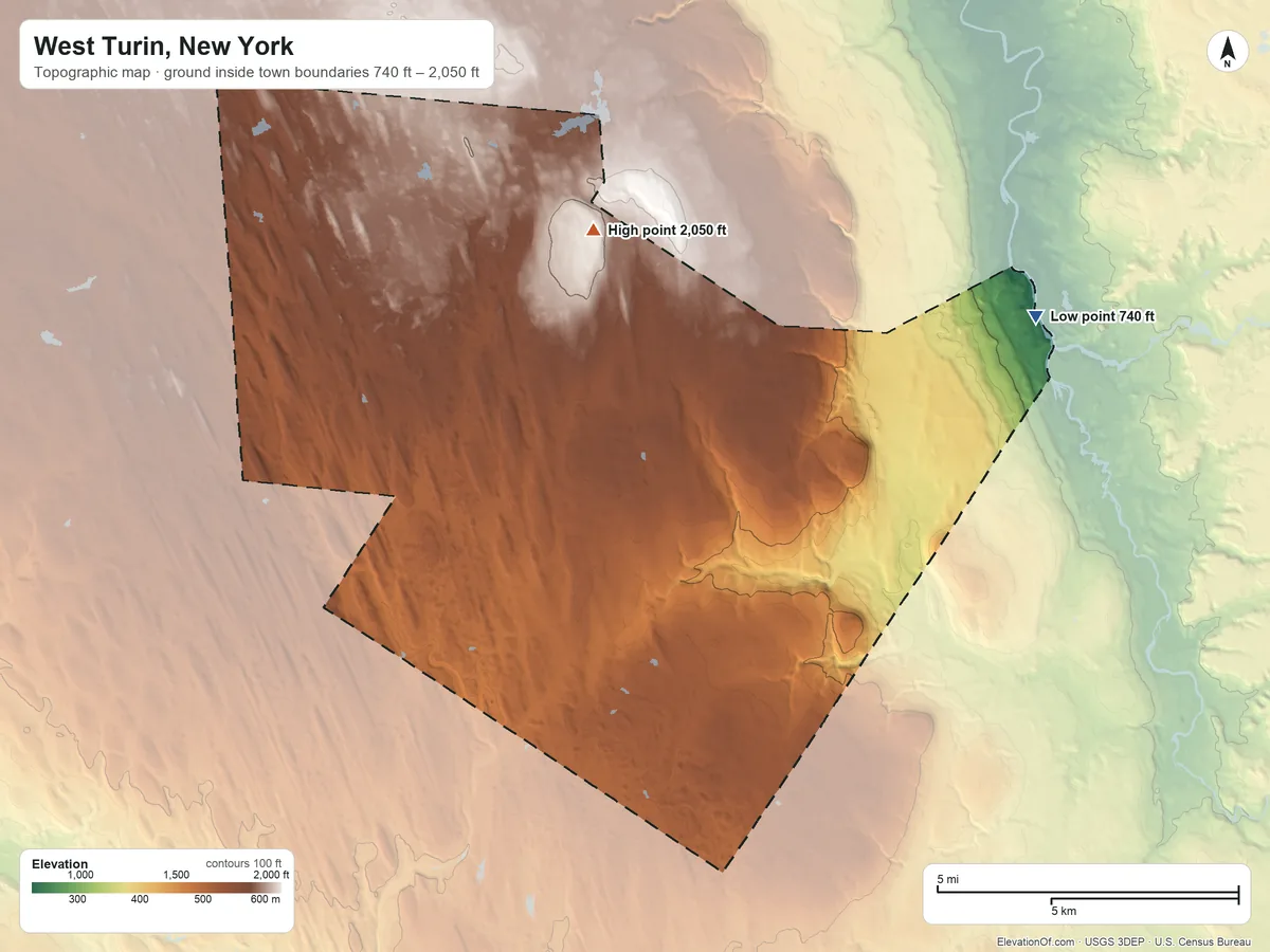 Topographic elevation map of West Turin, New York, shaded from 740 ft on the northeast side to 2,050 ft on the northwest side