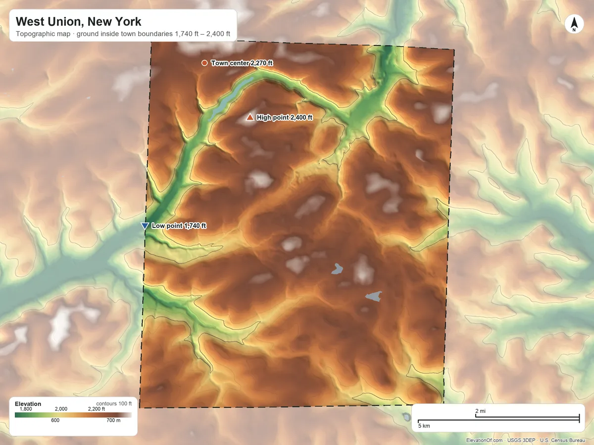 Topographic elevation map of West Union, New York, shaded from 1,740 ft on the south side to 2,400 ft on Irish Hill