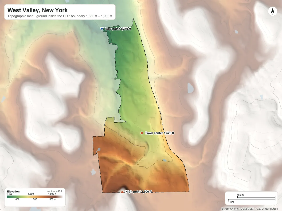 Topographic elevation map of West Valley, New York, shaded from 1,380 ft on the north side to 1,900 ft on the south side