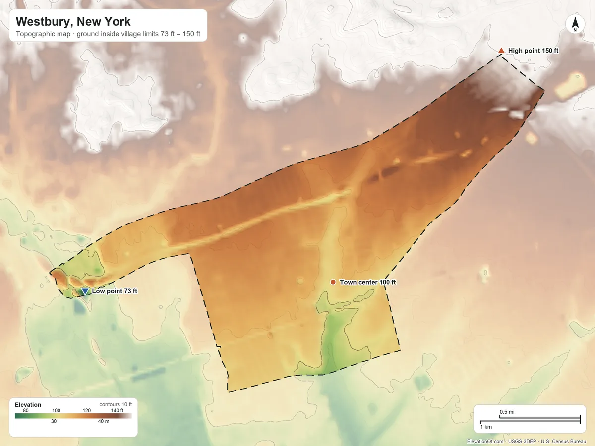 Topographic elevation map of Westbury, New York, shaded from 73 ft on the west side to 150 ft on the northeast side