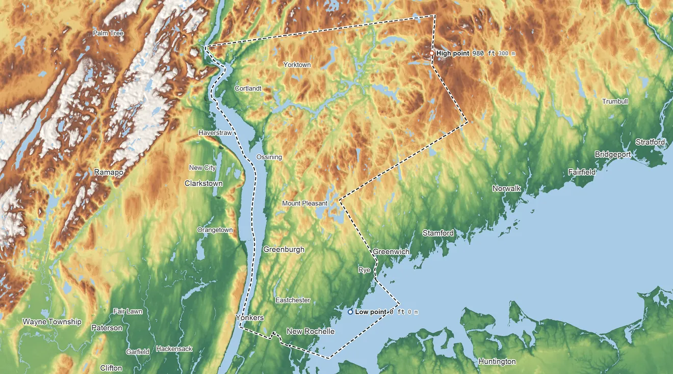 Topographic elevation map of Westchester County, New York, shaded from sea level on Playland Lake to 980 ft on the northeast side