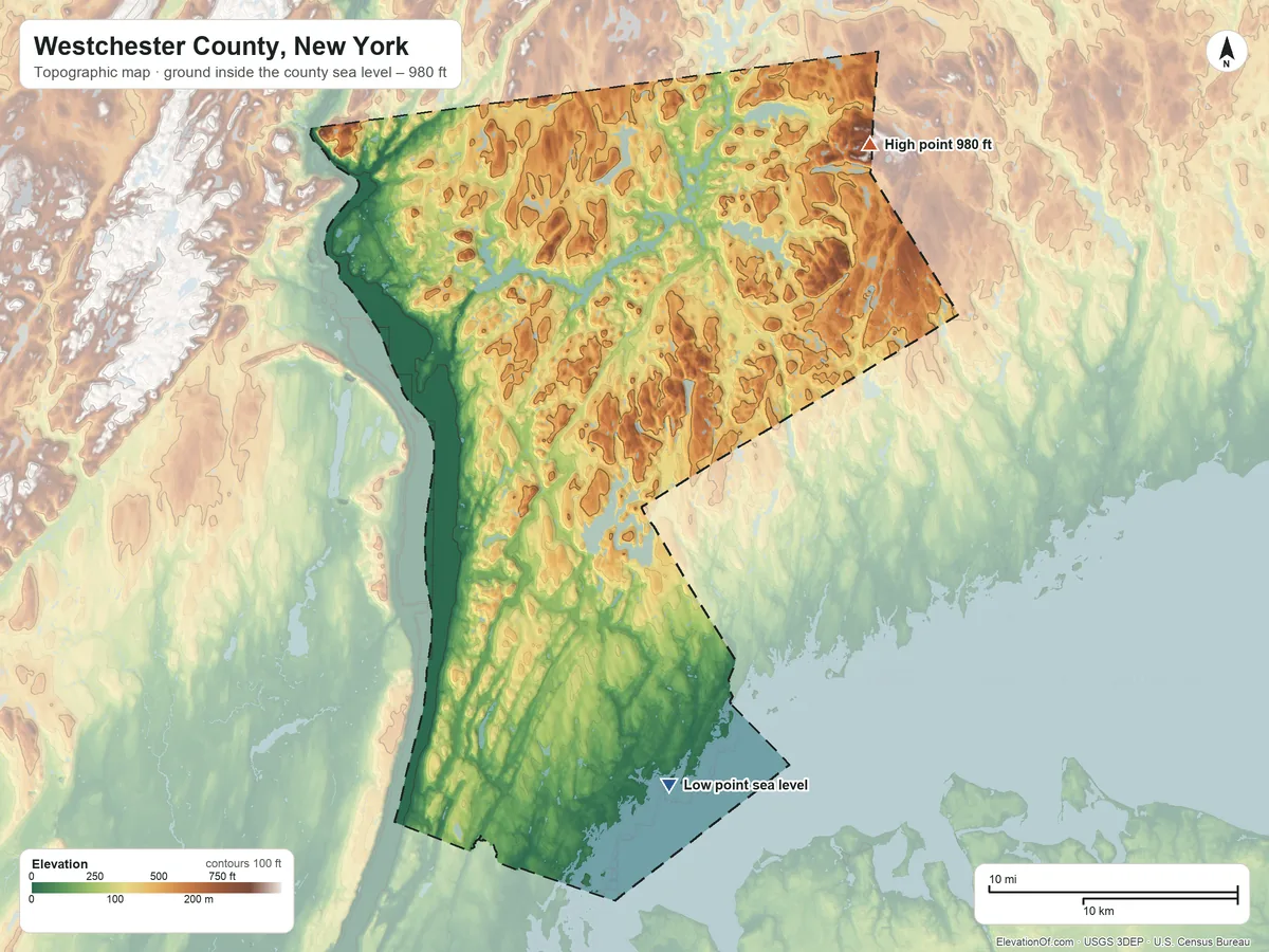 Topographic elevation map of Westchester County, New York, shaded from sea level on Playland Lake to 980 ft on the northeast side
