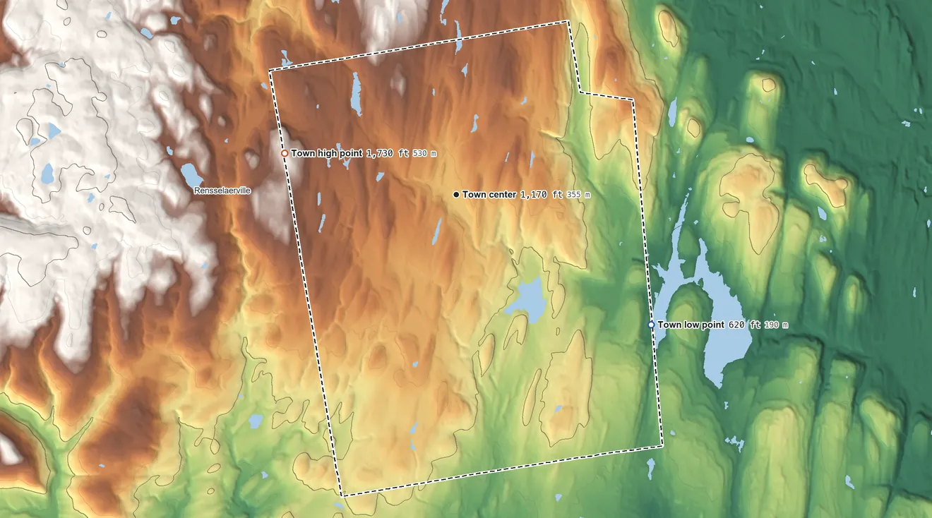 Topographic elevation map of Westerlo, New York, shaded from 620 ft on the southeast side to 1,730 ft on Still Hill