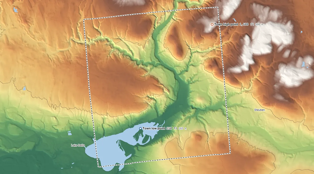 Topographic elevation map of Western, New York, shaded from 550 ft on the southwest side to 1,600 ft on the northeast side