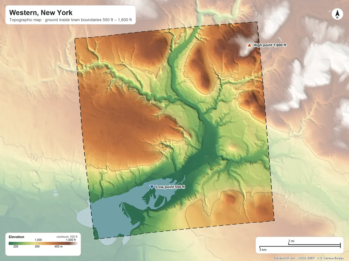 Topographic elevation map of Western, New York, shaded from 550 ft on the southwest side to 1,600 ft on the northeast side