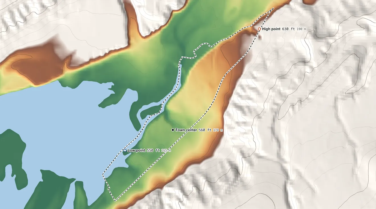 Topographic elevation map of Westernville, New York, shaded from 550 ft on the southwest side to 630 ft on the northeast edge, below higher ground just outside