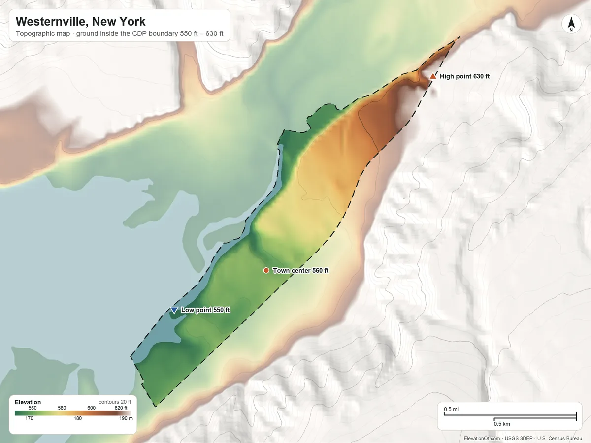 Topographic elevation map of Westernville, New York, shaded from 550 ft on the southwest side to 630 ft on the northeast edge, below higher ground just outside